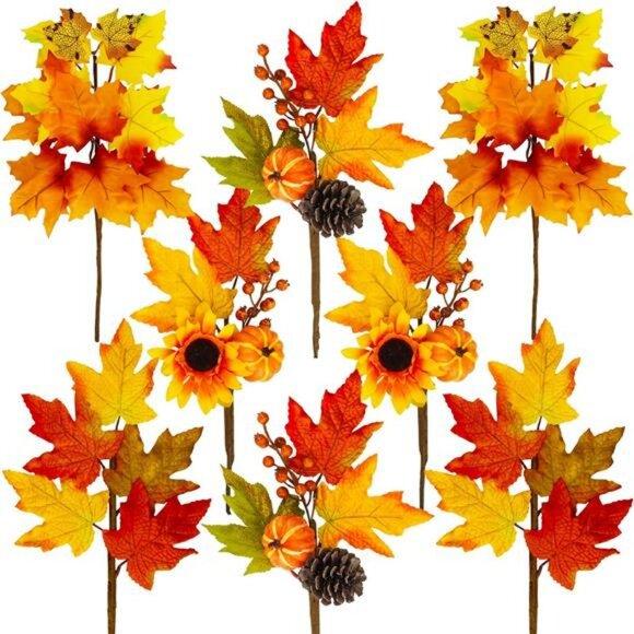 8pcs artificial fall picks maple leaf branches pumpkins sunflowers pine cones de - Picture 1 of 8